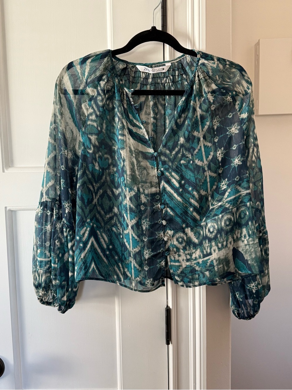 Zara Teal and Navy Patterned Sheer Button-Front Blouse